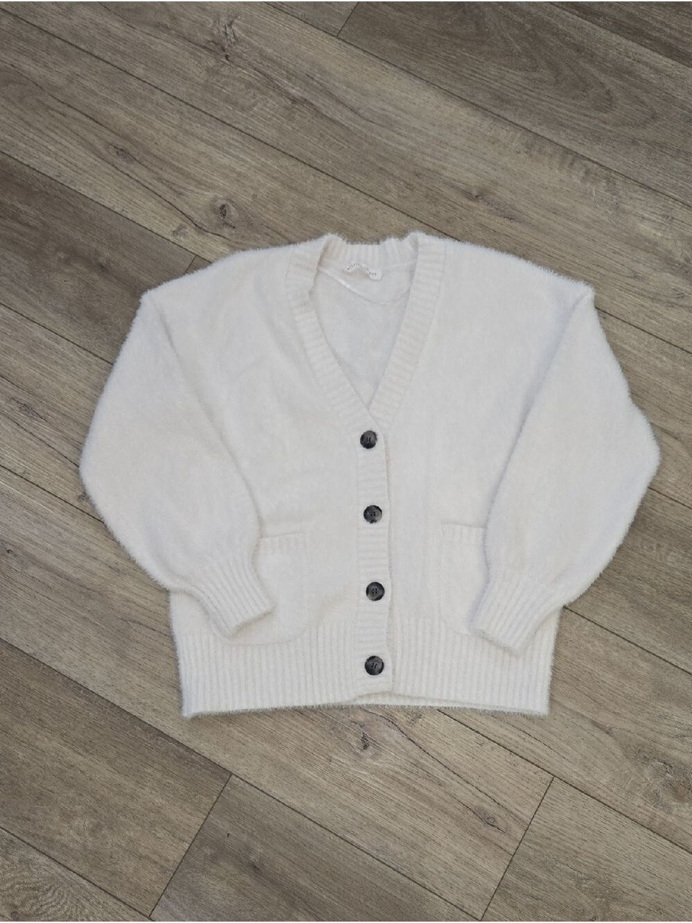 MELISSA NEPTON White Button-Front V-Neck Fuzzy Neutral Cardigan - Picture 10 of 10